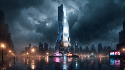 Tall futuristic skyscraper illuminated at night in rainy cityscape with dramatic storm clouds