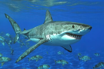 A majestic shark swimming gracefully through vibrant blue waters, surrounded by a school of fish.