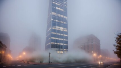 Tall modern glass skyscraper shrouded in dense fog on an early misty morning