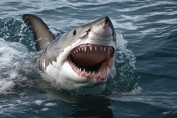 Naklejka premium A powerful shark leaps from the water, showcasing its sharp teeth and majestic presence in the ocean environment.