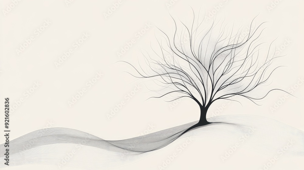 Poster Elegant abstract line drawing of a tree with a minimalist background that can be used for text