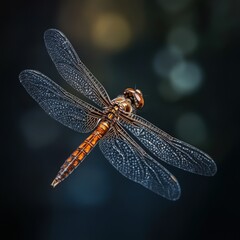 A stunning close-up of a dragonfly in flight, showcasing intricate details of its wings against a soft blurred background.