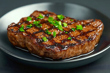 Juicy Grilled Steak with Fresh Rosemary on a Black Plate, Perfect for a Gourmet Meal