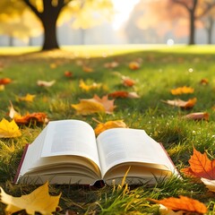 An open book on grass surrounded by autumn leaves under warm sunlight, symbolizing relaxation and...