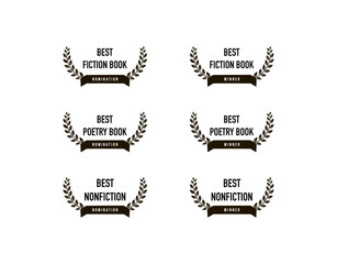 Best book award: fiction, nonfiction, poetry. Vector logo set black and white for winner or nomination