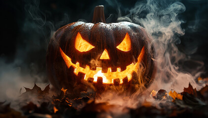 Fototapeta premium Spooky pumpkin glowing in dark autumn night celebration generated by AI