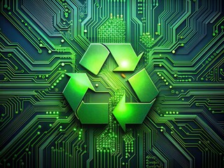 A stylized green recycle symbol is integrated into a circuit board, embodying the harmony of technological innovation and eco-friendly practices in modern green technology.
