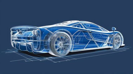 Naklejka premium on blue paper, technical diagram of the supercar