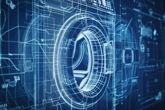on blue paper, technical diagram of the washing machine 
