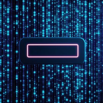 A 3D search bar floating over a sea of binary code, symbolizing the vast data processed by search engines