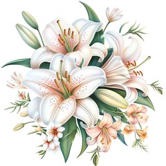 Watercolor lily clipart with elegant white petals and green stems.