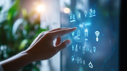 A hand interacting with a smart home control hub that manages lighting temperature and security systems