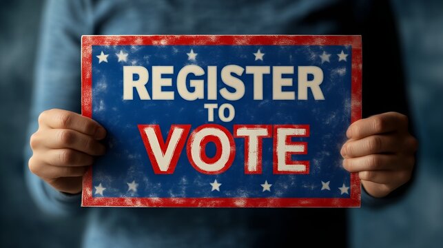 Close-up of &ldquo;REGISTER TO VOTE&rdquo; sign - red white and blue - election - politics 