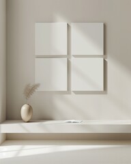 Living room light interior with set of empty clean canvas frames on interior wall for mockup. AI generated