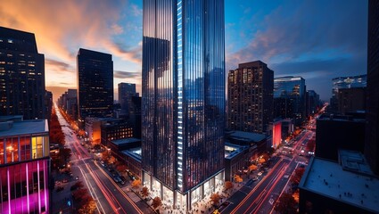 Tall Glass Skyscraper at Dusk in Modern Cityscape with Light Trails