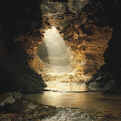 A serene cave interior illuminated by soft light, reflecting on still water, creating a tranquil and mysterious atmosphere.