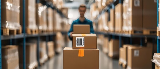Barcode scanning in a warehouse, product inventory, ecommerce tracking system, front view, efficient inventory management, technology tone, Split-complementary color scheme