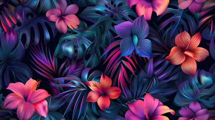 Fototapeta premium Vibrant Tropical Flowers and Leaves Seamless Pattern.