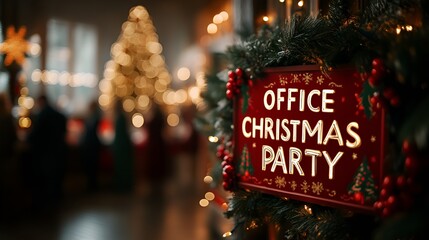 &ldquo;OFFICE CHRISTMAS PARTY&rdquo; sign - holiday party - hotel lobby - festive - office party -business - holidays 