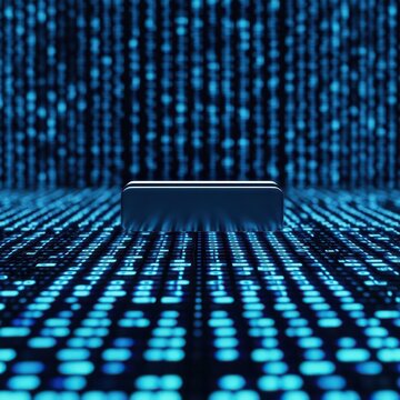 A 3D search bar floating over a sea of binary code, symbolizing the vast data processed by search engines