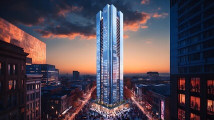 Sunset view of a sleek modern skyscraper in a bustling urban setting