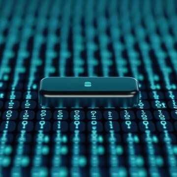A 3D search bar floating over a sea of binary code, symbolizing the vast data processed by search engines