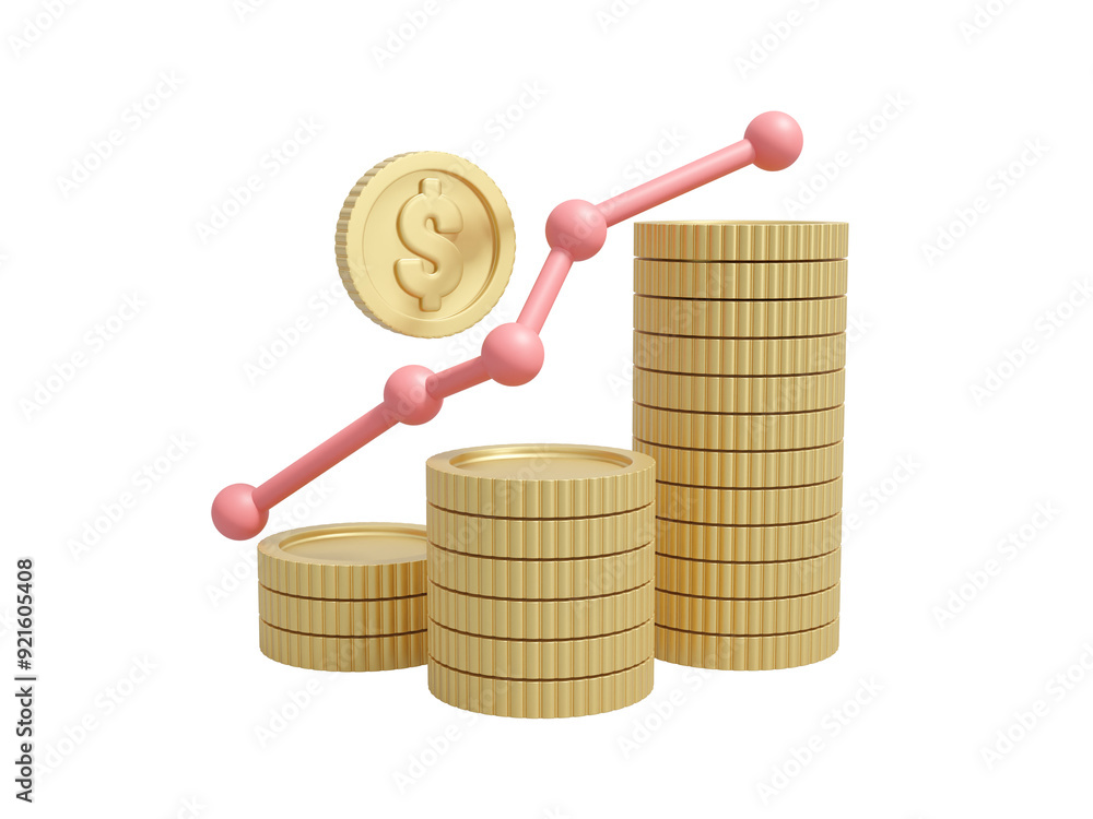 Poster 3d illustration showing dollar coin icons arranged in ascending order, isolated on transparent backg