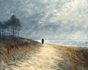A solitary figure walks along a serene coastal path, surrounded by muted colors and soft, dramatic clouds in the sky.