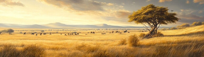 Obraz premium Golden Grassland with a Lone Tree and Grazing Animals