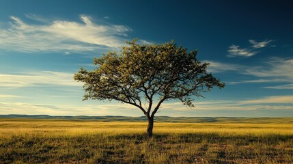 A solitary tree stands majestically on a golden field under a vast blue sky, symbolizing strength and nature's beauty.
