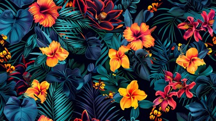 Tropical floral seamless pattern with vibrant colors and textures.