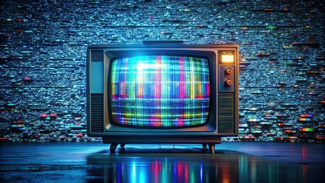 Distorted TV screen displays scrambled code and flickering title overlays, surrounded by static and visual noise, conveying a sense of technological malfunction and disorder.