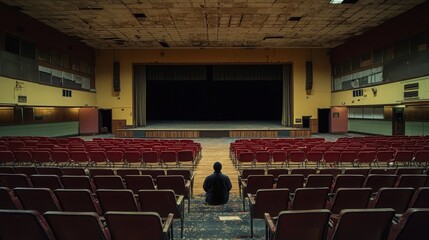 Naklejka premium A lone figure sits in a deserted theater, surrounded by empty red seats, creating a nostalgic and contemplative atmosphere.