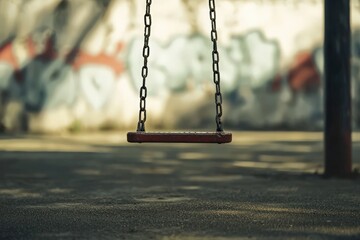 A lonely swing hanging silently in an empty playground, evoking nostalgia and quiet moments of childhood play.
