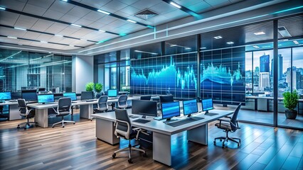 modern office space multiple computer workstations large window futuristic high-tech atmosphere holographic screen