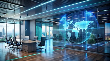 modern office space multiple computer workstations large window futuristic high-tech atmosphere holographic screen