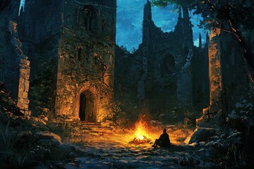 A solitary figure sits by a glowing campfire in the ruins of a dark, ancient structure under a night sky filled with stars.