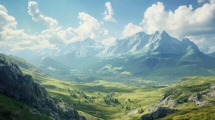 Majestic Mountain Range Overlooking a Valley of Lush Greenery