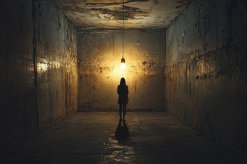 A solitary figure stands in a dimly lit room, highlighting themes of isolation and introspection.