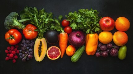 A Colorful Arrangement of Fresh Fruits and Vegetables on a Black Background