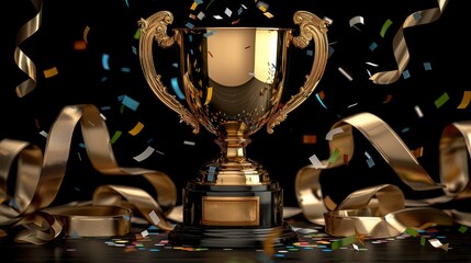 A golden trophy surrounded by colorful confetti and shiny ribbons for a celebration event at night