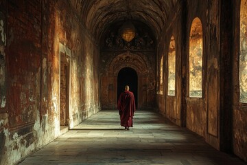 A solitary monk walks through an ancient hall adorned with rich artwork, capturing a moment of tranquility and reflection.