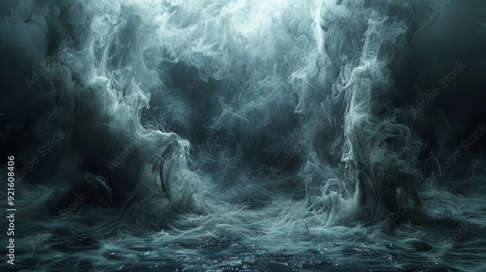 Poster mist swirls over dark waters at twilight creating an ethereal atmosphere in a serene location