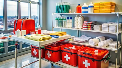 A well-organized first aid station with medical supplies, including bandages, antiseptic wipes, and a stretcher, ready for emergency response in a clean and modern environment.
