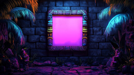 A psychedelic rainbow tropical tiki theme background;  blank space for a custom graphic or message; ancient temple with blacklight neon pink framed center copyspace, LGBTQ, pride, alternative, club