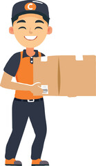 A simple illustration of an Asian delivery man holding up the box cartoon style