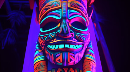 A tiki mask totem with neon details, blacklight or psychedelic, vivid Hawaiian or Polynesian theme