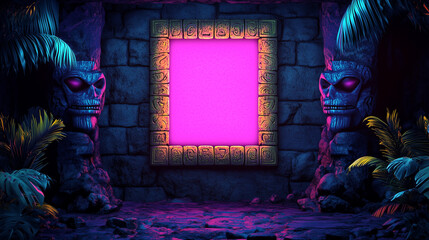 A stone temple with blacklight neon glowing pink - framed centered copyspace for custom message - A psychedelic tropical tiki theme background with blank space for a custom graphic or message - 