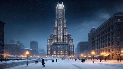 Illuminated Art Deco skyscraper at night in snowy winter cityscape