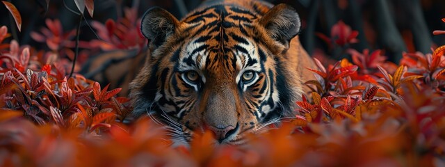 Close-up portrait of a tiger showcasing its striking striped fur and intense eyes, highlighting the beauty and power of this wild feline